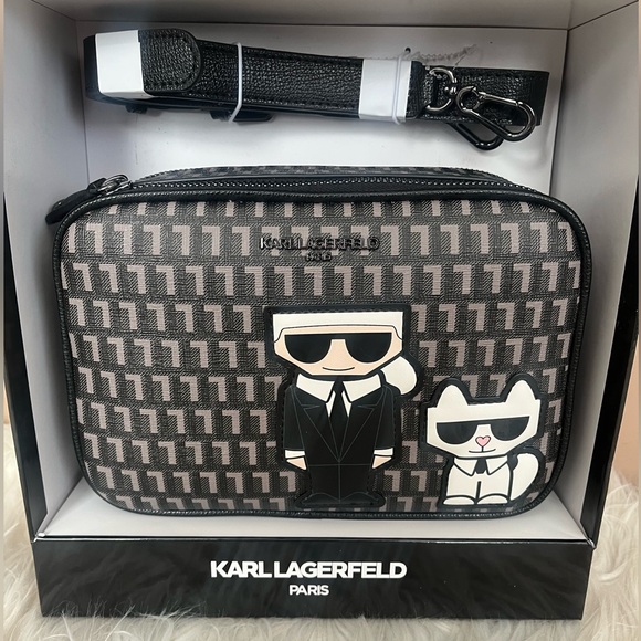 {Karl Lagerfeld} Double Zip Crossbody Camera Bag in Black/Grey - NWT - Picture 2 of 10